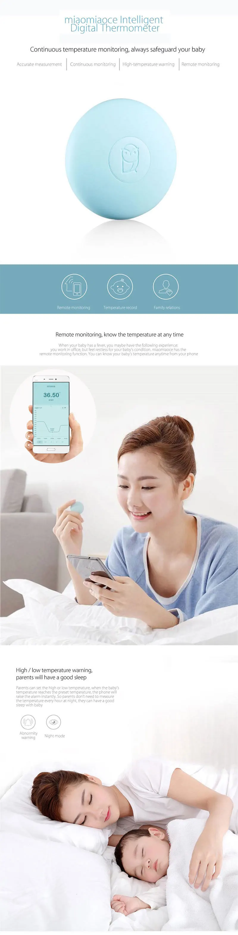 Xiaomi Miaomiaoce Digital Baby Thermometer Bluetooth Intelligent Medical Thermometer 24 Hour Continuous Fever Monitoring for Baby