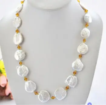 

Free shipping 23" 22mm white baroque coin freshwater pearl faceted citrine necklace