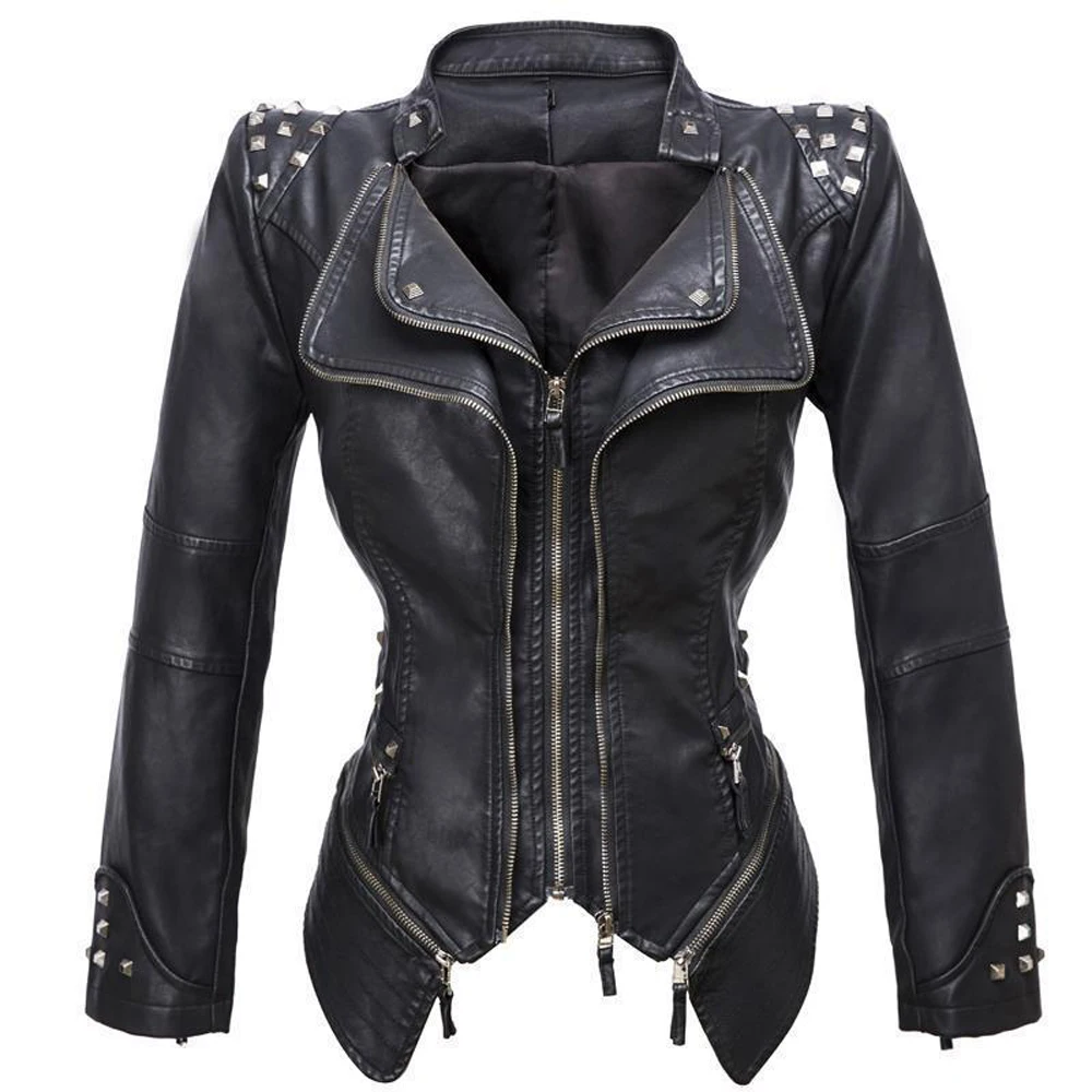 Fashion Women's Faux Leather Smooth Motorcycle Jackets Rivet Detail Ladies Long Sleeve Autumn