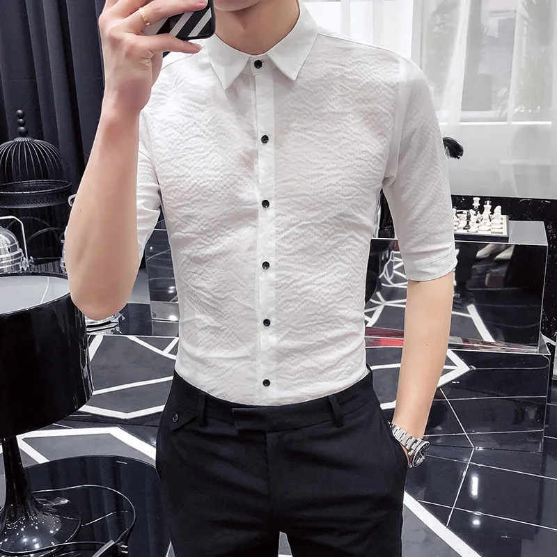 

4Colors Plus Size Solid Shirt Men New Arrival Half Sleeve Men's Social Shirts Streetwear Slim Fit Casual Work Shirts Man 5XL-S