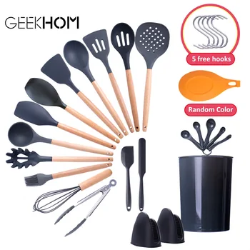 

Kitchen Utensils Set Silicone Cooking Utensils Non-stick Spatula Shovel Wooden Handle Kitchen Cooking Tools Set With Storage Box