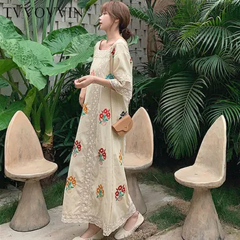 

2020 summer new high quality long casaul lace Embroidery flowers cotton Linen Beach dress dresses womens Girl female E041