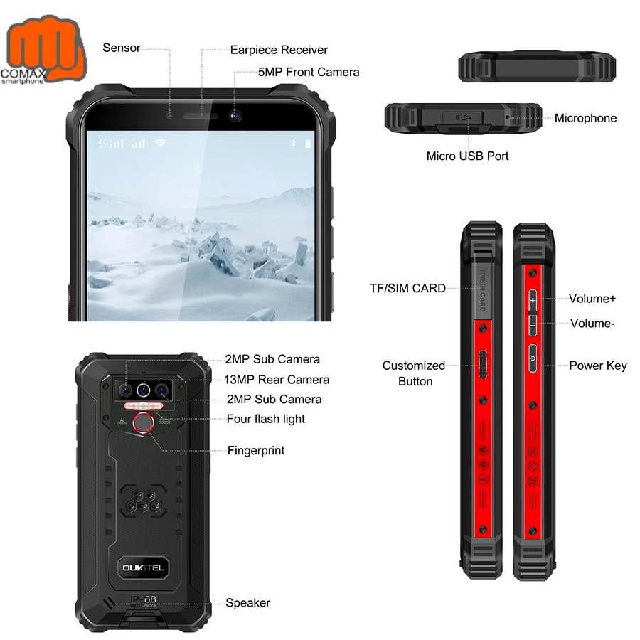 

OUKITEL Android 9. 0 IP68 Waterproof 4GB 32GB 13MP MT6761 8000mAh Tri-proof 5V/2A Mobile Phone
