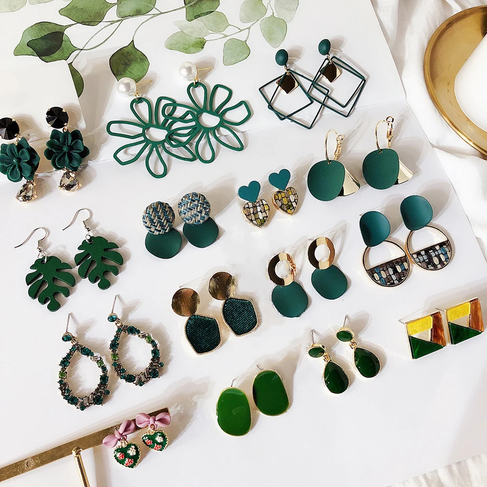 Fashion Jewelry Green Geometric Acrylic Wood Dangle Drop Earrings Women