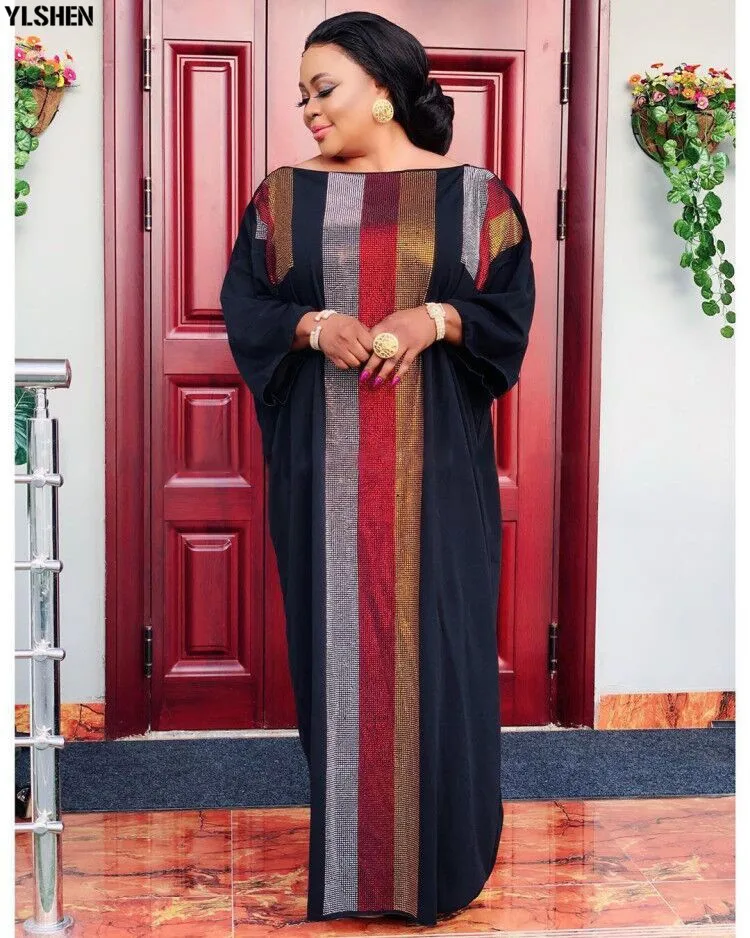 African Dresses for Women 2020 Dashiki Silk Diamonds Stripe Robe Boubou Africaine Femme Africa Maxi Dress African Clothes Ladies 01