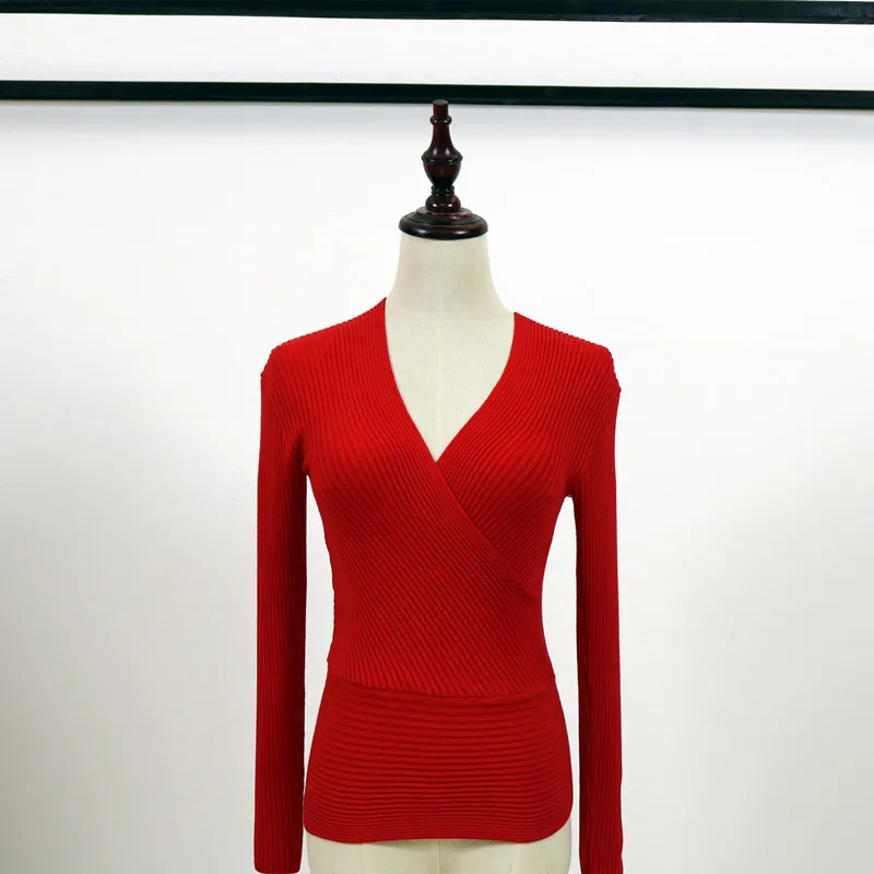 Сексуальный женский свитер с v-образным вырезом Осень-зима приталенные пуловеры однотонный вязаный свитер с длинным рукавом Женский мягкий джемпер Топы распродажа - Цвет: red
