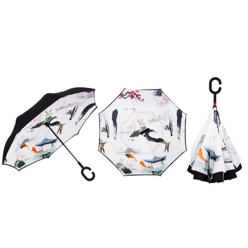 Горячий ветронепроницаемый двухсторонний складной двухслойный зонтик перевернутый самостоящий дождевик C-type ручка Полуавтоматический зонт