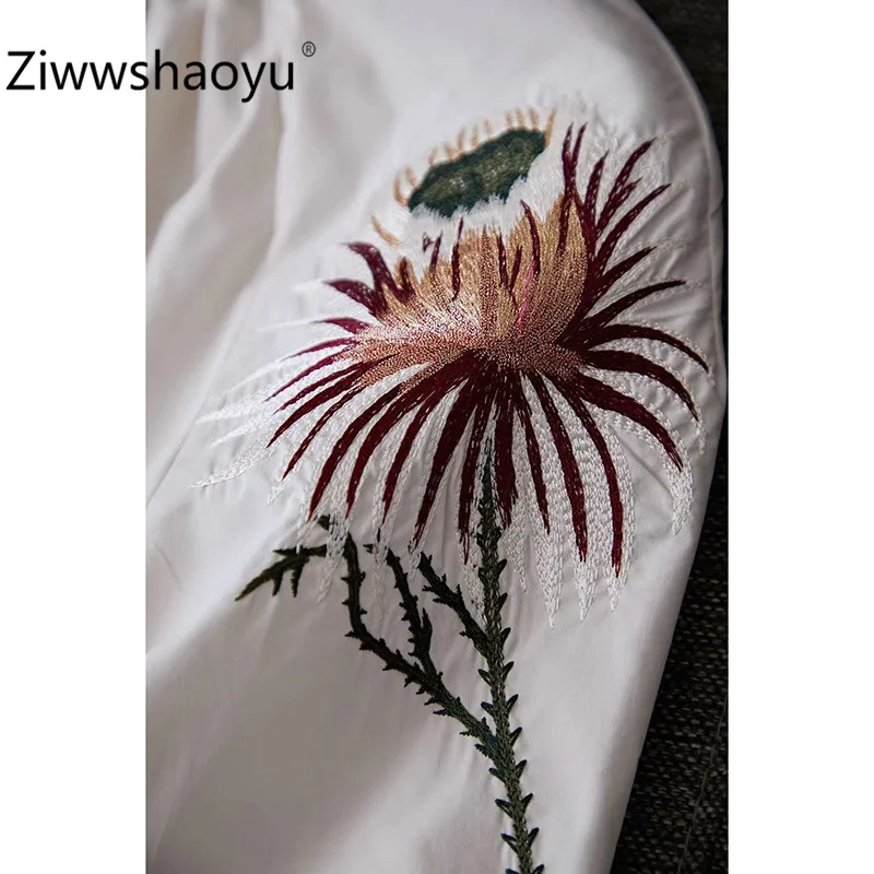Ziwwshaoyu Цветочная вышивка весна лето фонарь рукав хлопок белая блузка рубашка женская одежда высокого качества