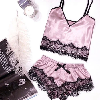 

Sleep Wear For Women 2020 Lace Trim Pajamas Set Women Plain Spaghetti Strap Sleeveless Sexy Summer Sleepwear Set