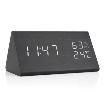 

High Quality Wooden USB Adapter Alarm Clock LED Digital Time Temperature Humidity Display Voice Control Portable Fit Home Travel