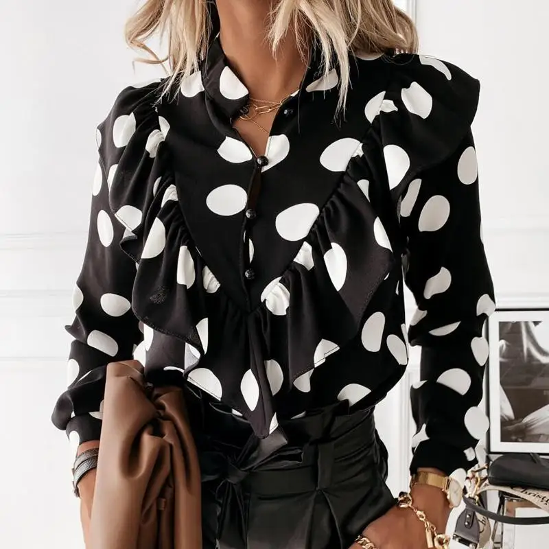 white long sleeve top Casual Leopard Dot Print Ruffle Blouse Shirt Autumn Winter Long Sleeve Women Shirts Elegant Office Lady V-Neck Button Tops Blusa womens shirts and blouses Blouses & Shirts