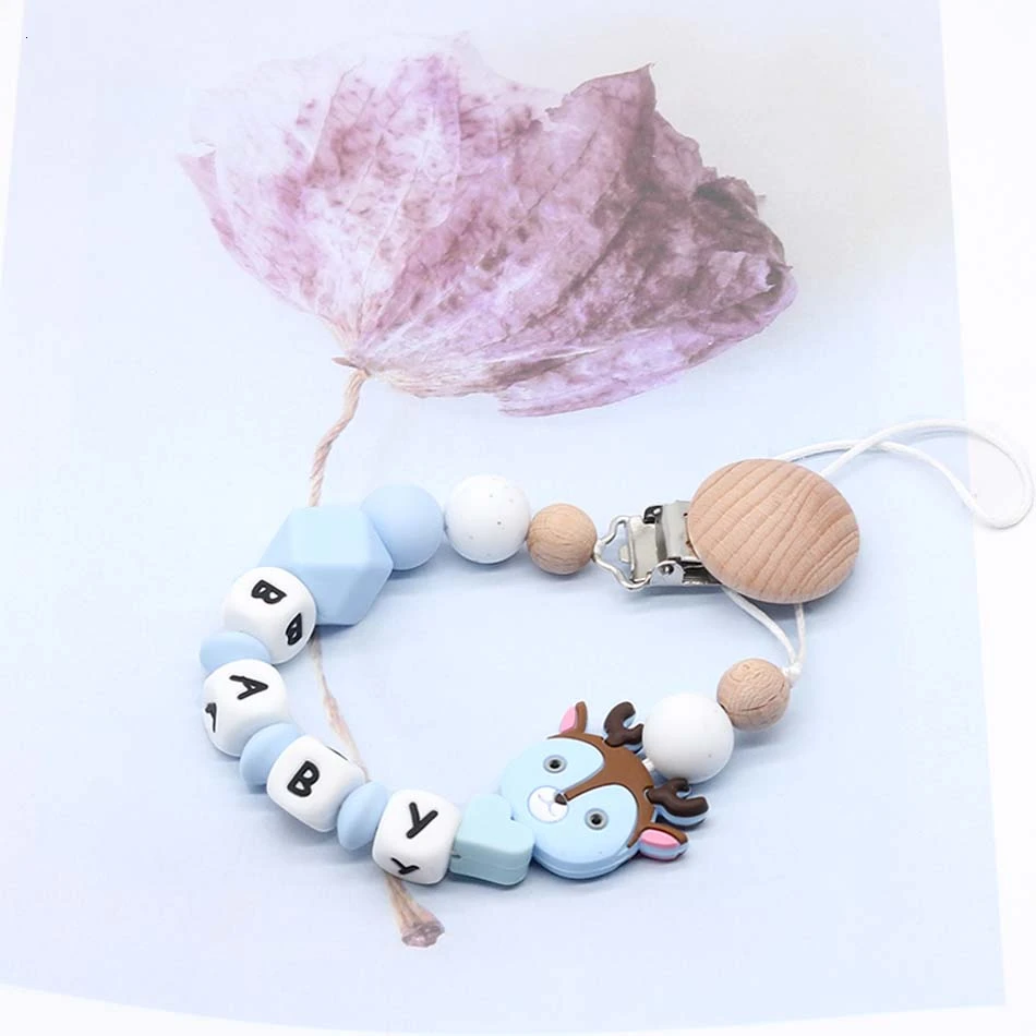 

Personalised Baby Name Silicone Pacifier Chain Handmade Soother Chain Cartoon Deer Head Teether Dummy Clips Babies Teething Toys