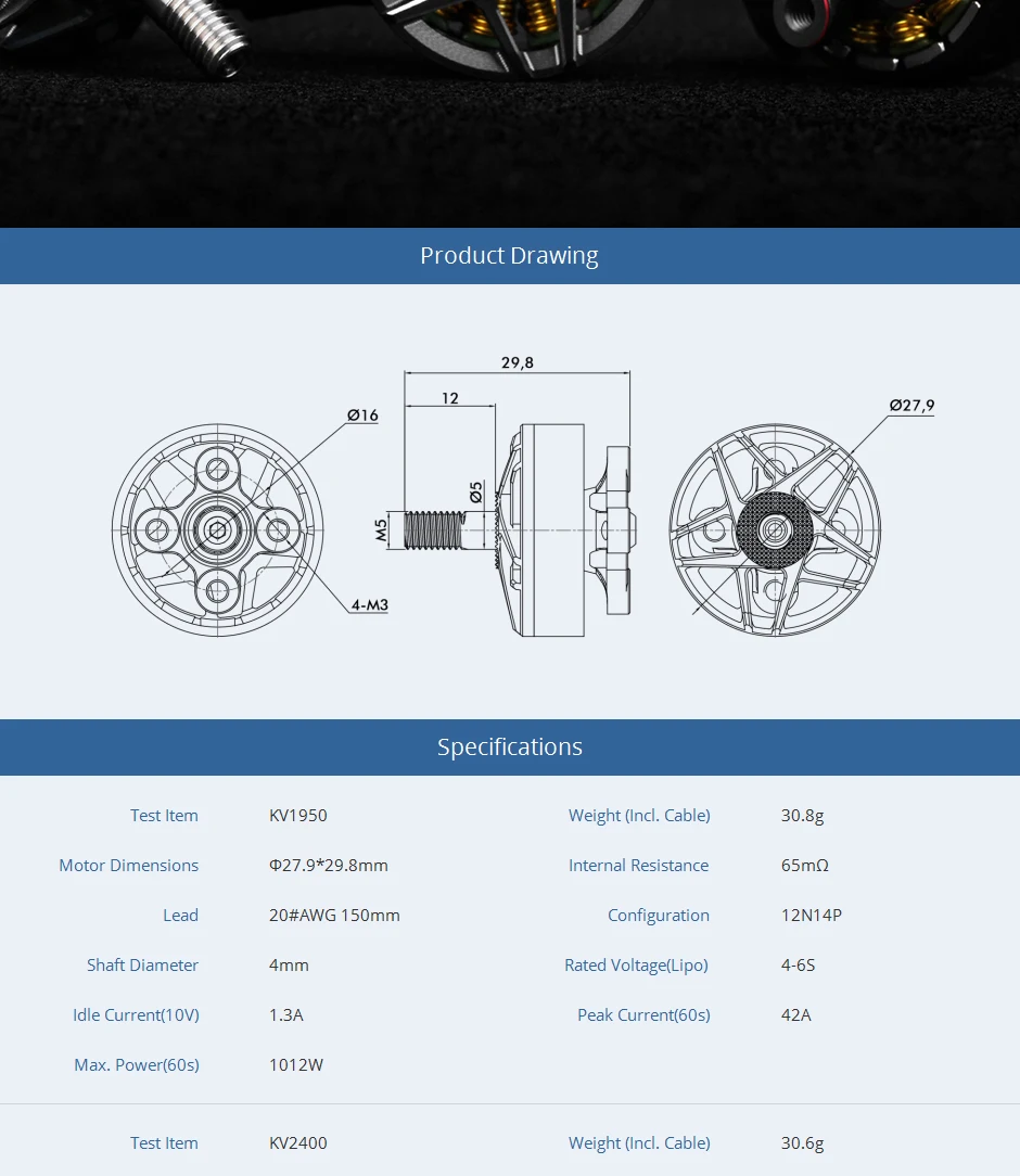 T-motor, Product Drawing 29,8 027,9 016 4-M3 Specifications Test Item K