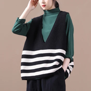 

[EWQ] 2020 Spring Autumn New Casual V-neck Splicing Stripe Fashion Loose Oversized Sweater Knitting Women's Vest 3AC304