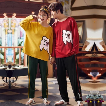 

2020 Long Sleeve Couple Pajamas Sleepwear Cotton For Man Women Pair Pajamas Male Female Loose Clothes For Home Pijama XXXL