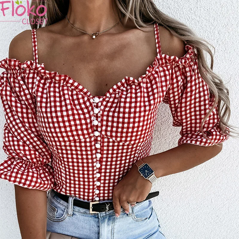 Flokocloset-camisa Sexy con tirantes finos para mujer, blusa a roja, ropa de calle, blusas con volantes - de mujer