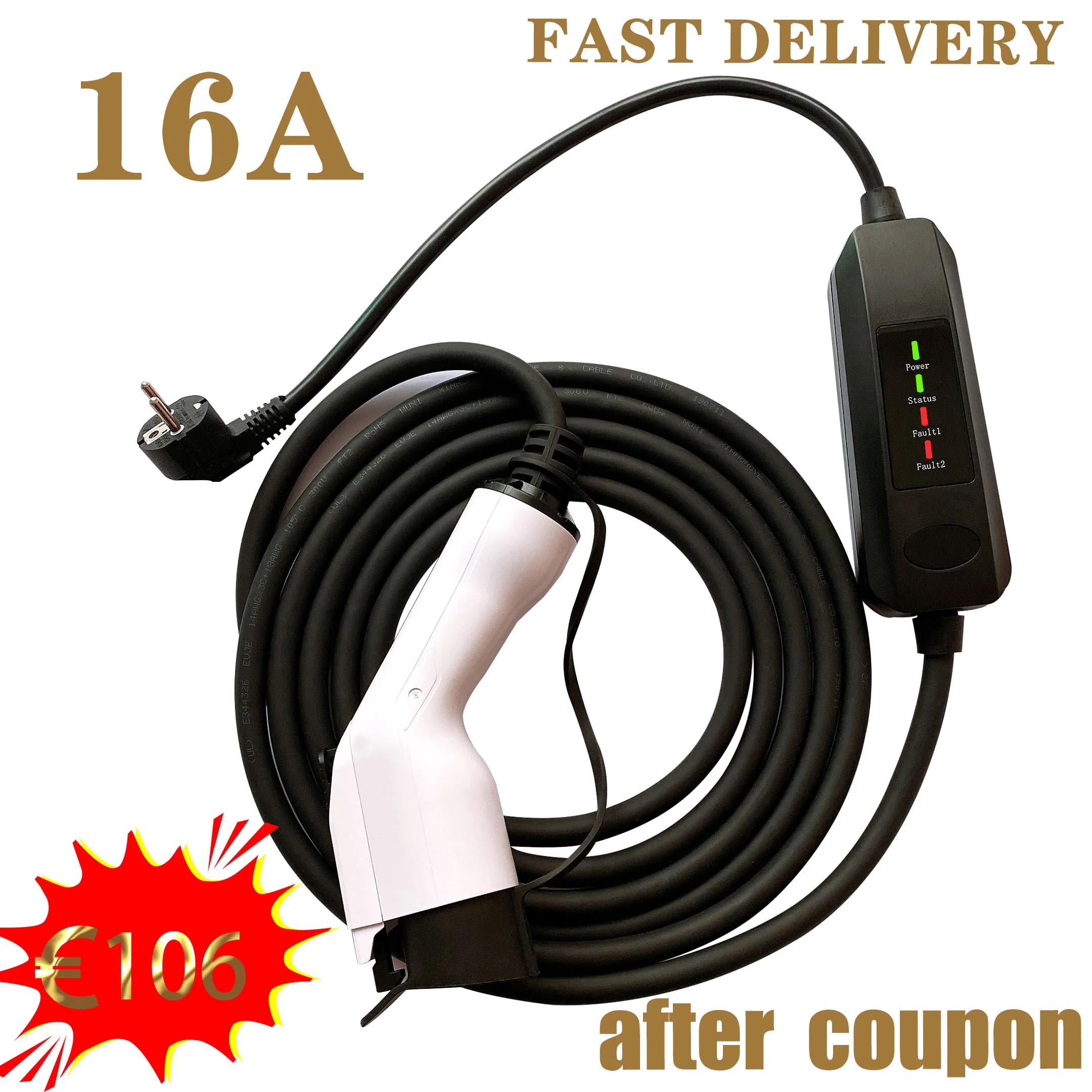 

EVSE EV charging cable 16A EU electric car plug, SAE J1772 / IEC62196 electric car charger