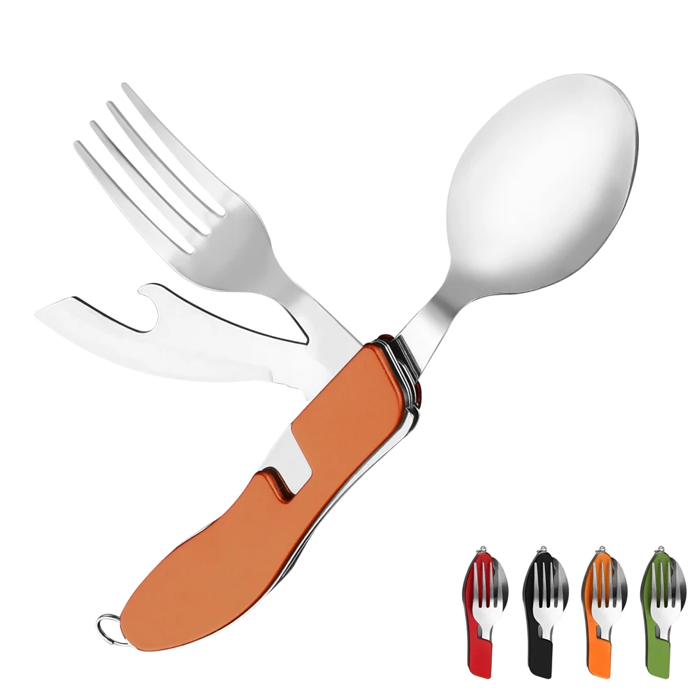 

4 in 1 Outdoor Tableware (Fork/Spoon/Knife/Bottle Opener) Camping Stainless Steel Folding Pocket Kits for Hiking Survival Travel