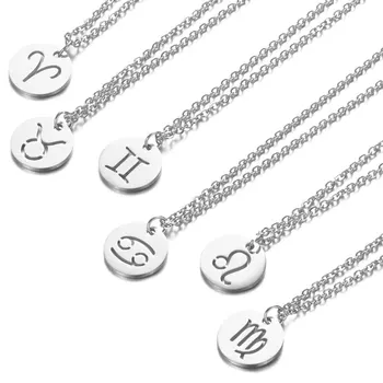 

Stainless Steel 12 Constellation Pendant Necklace Round Coin Hollow Zodiac Sign Statement Clavicle Chain Necklace Unisex Jewelry