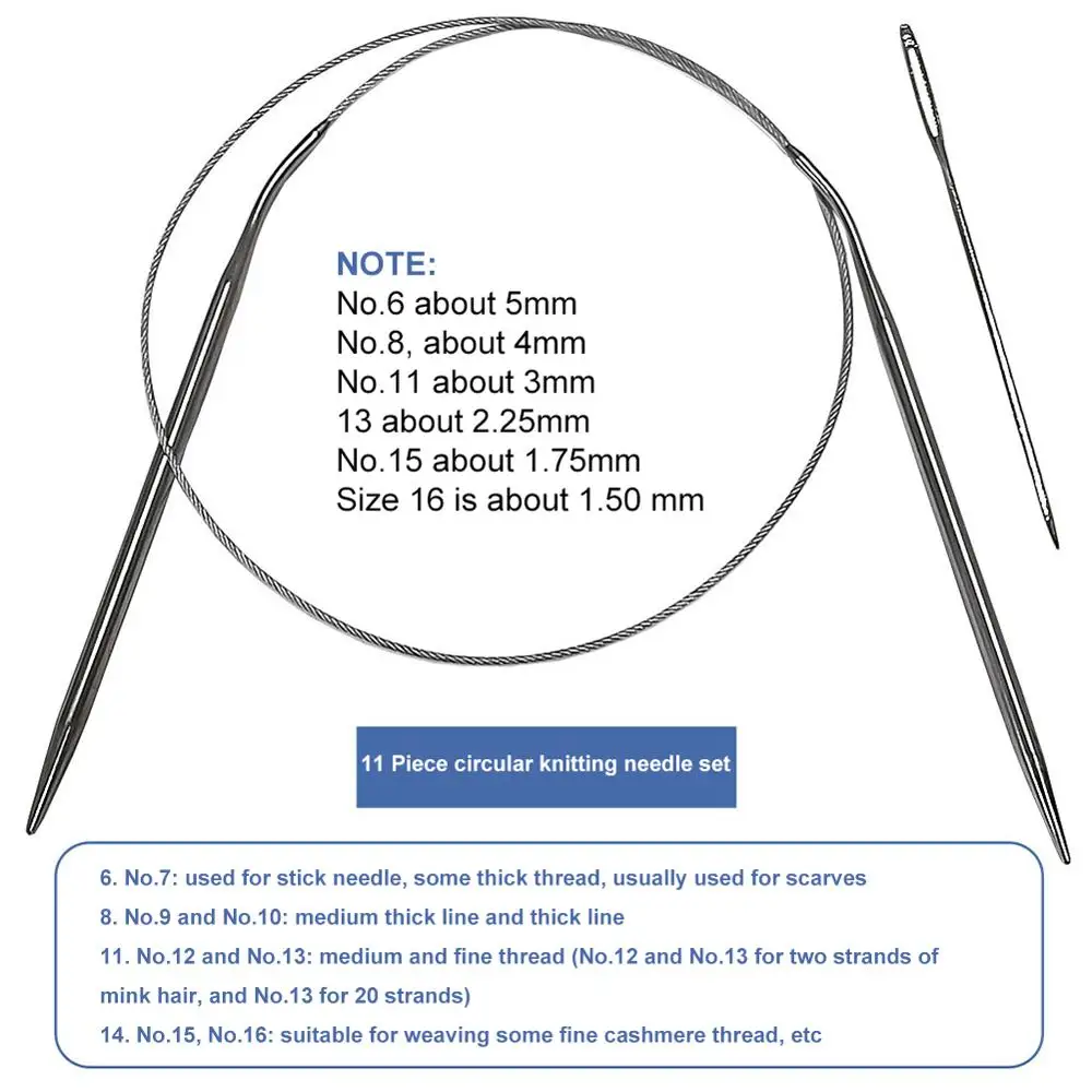 80cm 11 Size Stainless Line Valum Head Ring Needles Set Circular Knitting Needle