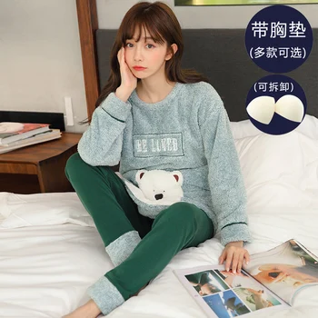

Winter Warm Kawaii Green Silk Pajama Sets for Women Atoff Home Flannel Satin Sleepwear 100% Velvet Soft Plush Nightwear