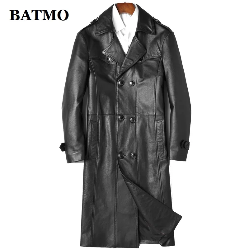 black BATMO Новое поступление натуральная коровья кожа Длинные куртки мужские двубортные кожаные Тренчи на заказ 19029 - Цвет: black