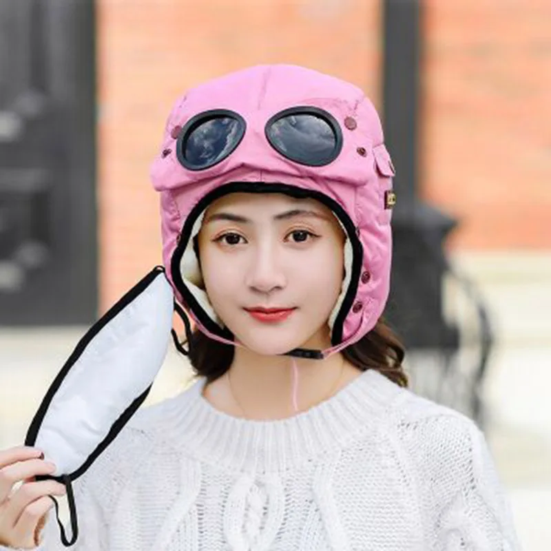 pink hat Women's Russian Ushanka snow skiing Hat caps women earflap winter hat with mask glasses raccoon fur bomber Hat - Цвет: pink hat