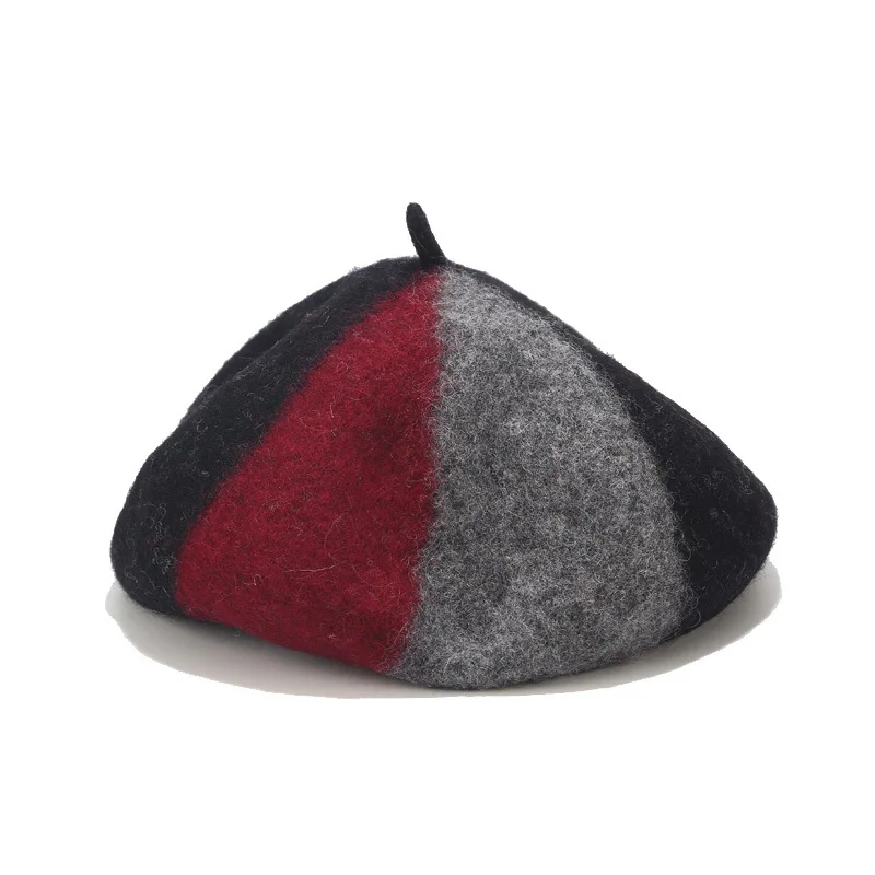 M&D Autumn/winter new collection wool felt beret splicing gentle color patchwork - Цвет: Black Wine red Grey