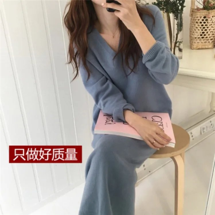 Long Jersey Dress Female 2020 Korean-style Early Autumn New Style V-neck Loose Slimming to Ankle Sweater Skirts |