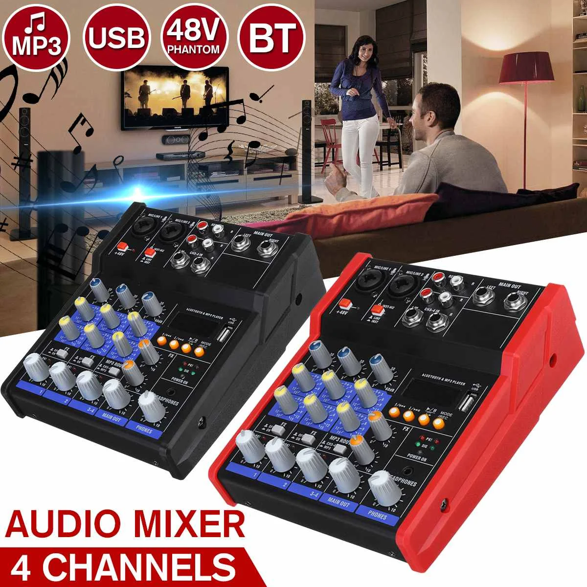 

Professional 4-Channel Mini Audio Mixer bluetooth USB with Reverb Effect Live Stage 48V Phantom Power Home Karaoke