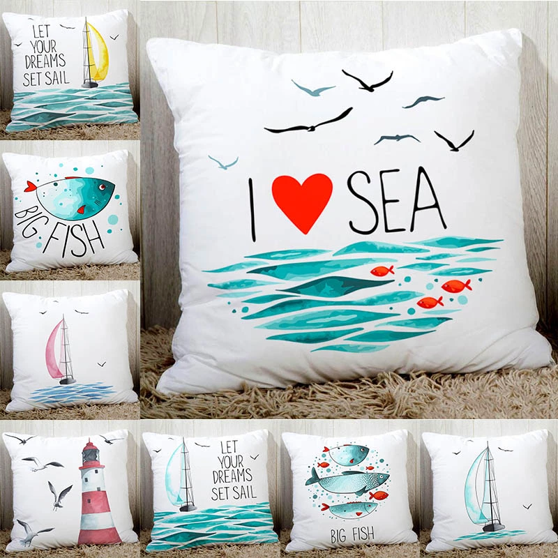 

Artwork blue sea style sail printed quality couch cushion cover home decorative pillows 45x45cm peach fiber polyester pillowcase