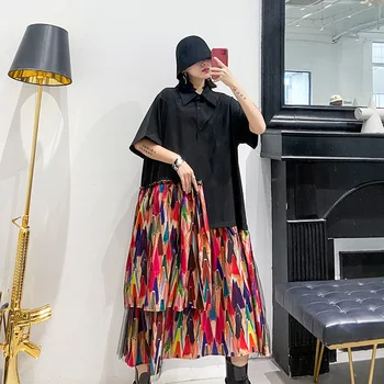 

Short or Long Sleeve Oversized Blouse Dress Women 2020 Summer Autumn Plus Size Shirt Dresses Patchwork Mesh Layered Colourful