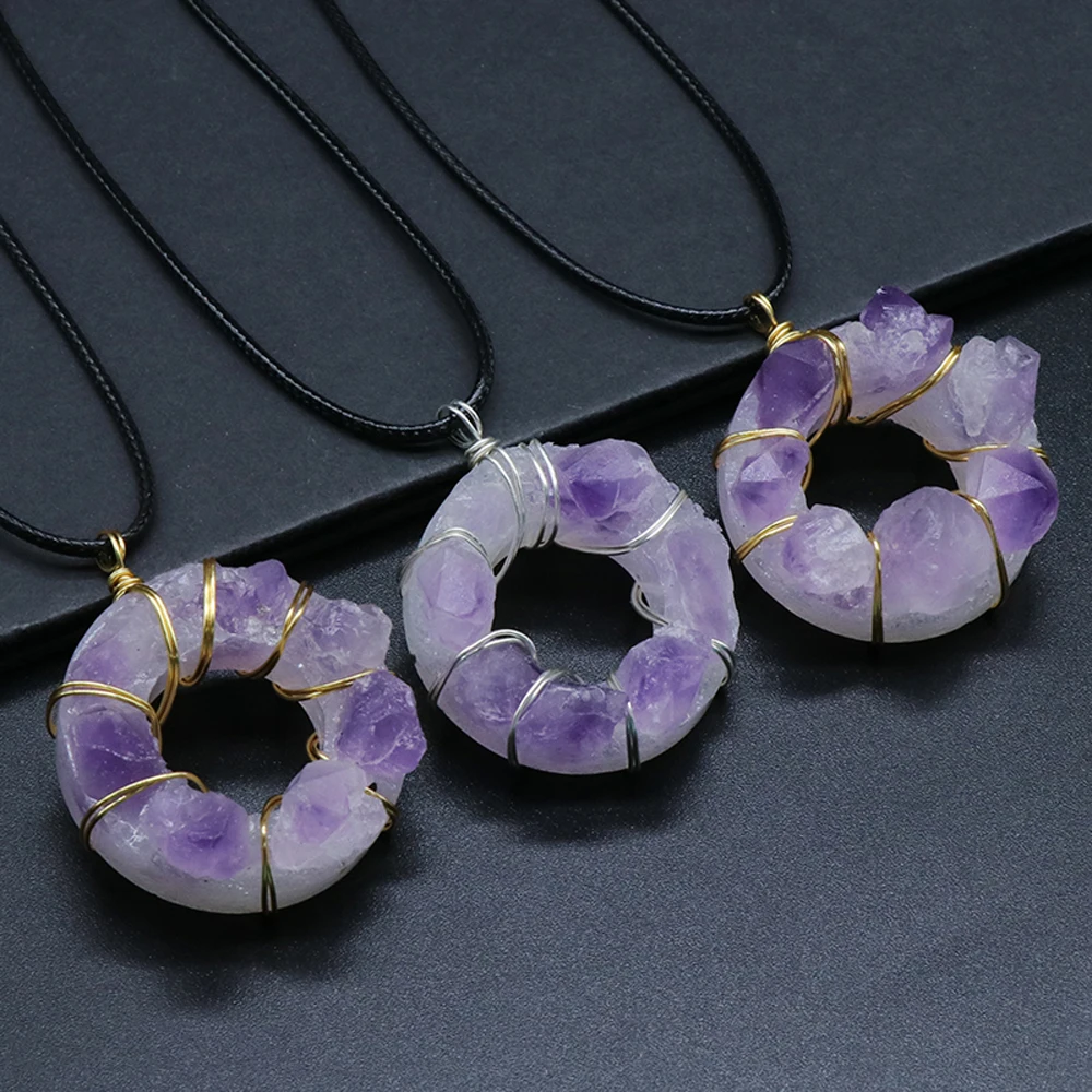 Wholesale 4PCS Natural Stones Amethyst Reiki Healing Round Shape Pendant Necklace DIY Charm Necklaces Jewelry Gift