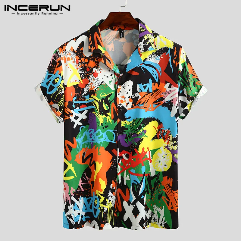Printed Shirt Short-Sleeve Streetwear INCERUN Mens Chic Camisa Turn-Down-Collar Loose