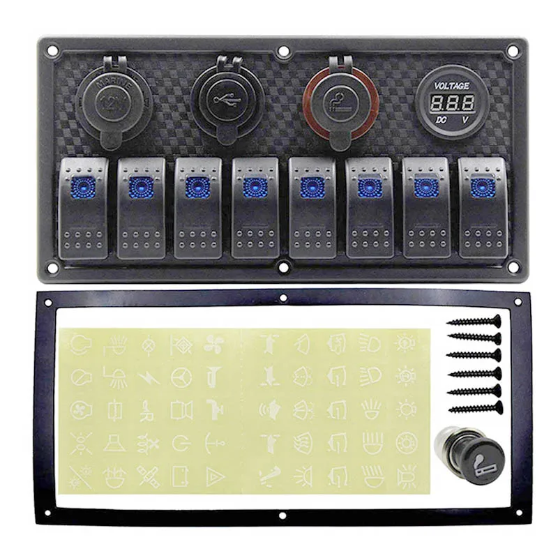 8 тумблер 12~ 24V двойной USB разъем питания+ Вольтметр+ розетка для сигареты автоматический выключатель автомобиля Лодка кулисный переключатель панель - Цвет: Blue Lights 8 Gang