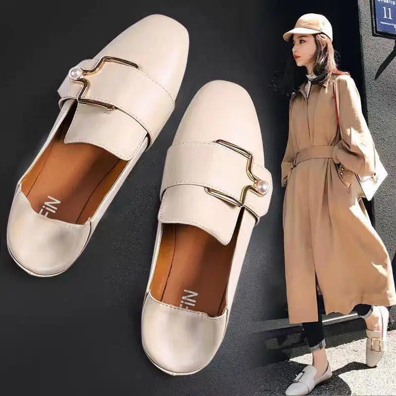 

Women Shoes Spring Fashion Square head Casual Leather Shoes Buckle Loafers Shoes Woman Flats Slippers Ladies zapatos de mujer