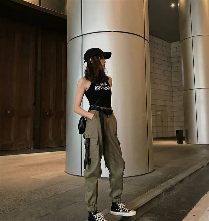 Черные уличные женские брюки-карго Беговые брюки в повседневном стиле черные свободные женские брюки с высокой талией женские брюки в Корейском стиле уличная одежда