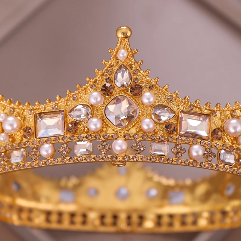  Vintage Bridal Crown Crystal Pearl Round Baroque Golden Bridal Headdress Crown Wedding Hair Accesso
