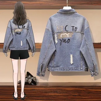 

Plus Size Ripped Hole Cropped Jean Jacket 4Xl 5Xl Light Blue Bomber Short Denim Jackets Jaqueta Long Sleeve Casual Jeans Coat
