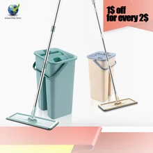 Spin Squeeze Mop With Bucket Hand-free Wash Flat Mop Head 360 Rotation Wet And Dry Mops With Microfiber Pads Floor Cleaning Tool