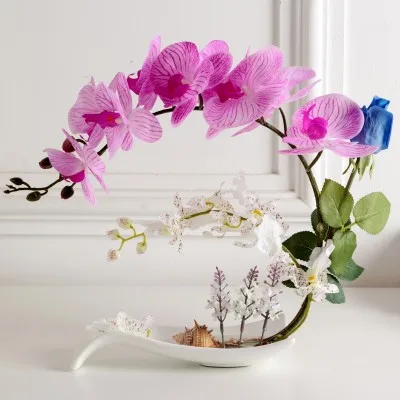 Butterfly Orchid Artificial Flowers Set Fake Flower Ceramic Vase Ornament Phalaenopsis Figurine Home Furnishing Decoration Craft - Цвет: 5