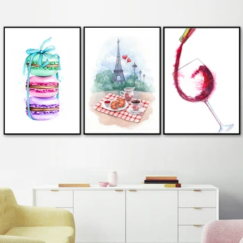 

Watercolor Paris Macaron Coffee Croissant Wine Nordic Posters And Print Wall Art Canvas Painting Wall Picture Kitchen Home Decor
