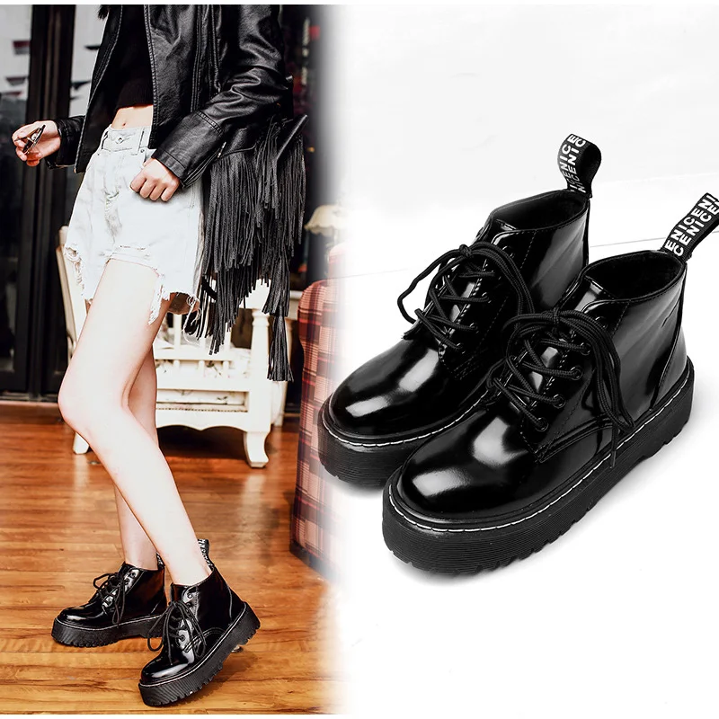 Women's Flat Platform Ankle Boots Autumn Patent Leather Boot Black Lace Up Creepers Shoes Fashion Party Footwear Drop Shipping