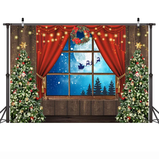 Christmas Window Backdrop Winter Snow Wonderland Birthday Portrait Background Curtain Wreath Christmas Tree Photography Props style-19