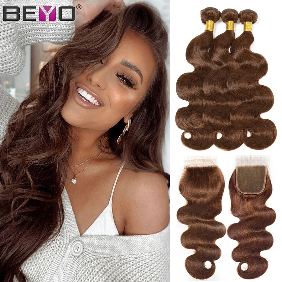 Brown Bundles Weave Closure Remy-Hair Body-Wave Beyo 100%Human-Hair with 4 for 