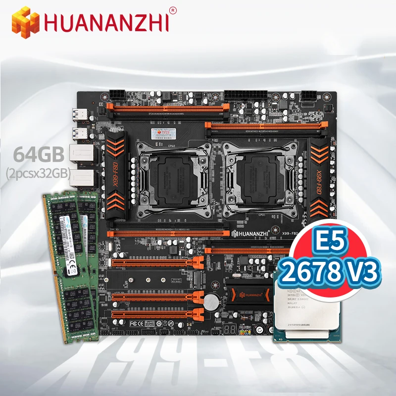 

HUANANZHI X99 F8D X99 Motherboard Intel Dual with Intel XEON E5 2678 V3*1 with 2*32GB DDR4 RECC memory combo kit NVME USB 3.0