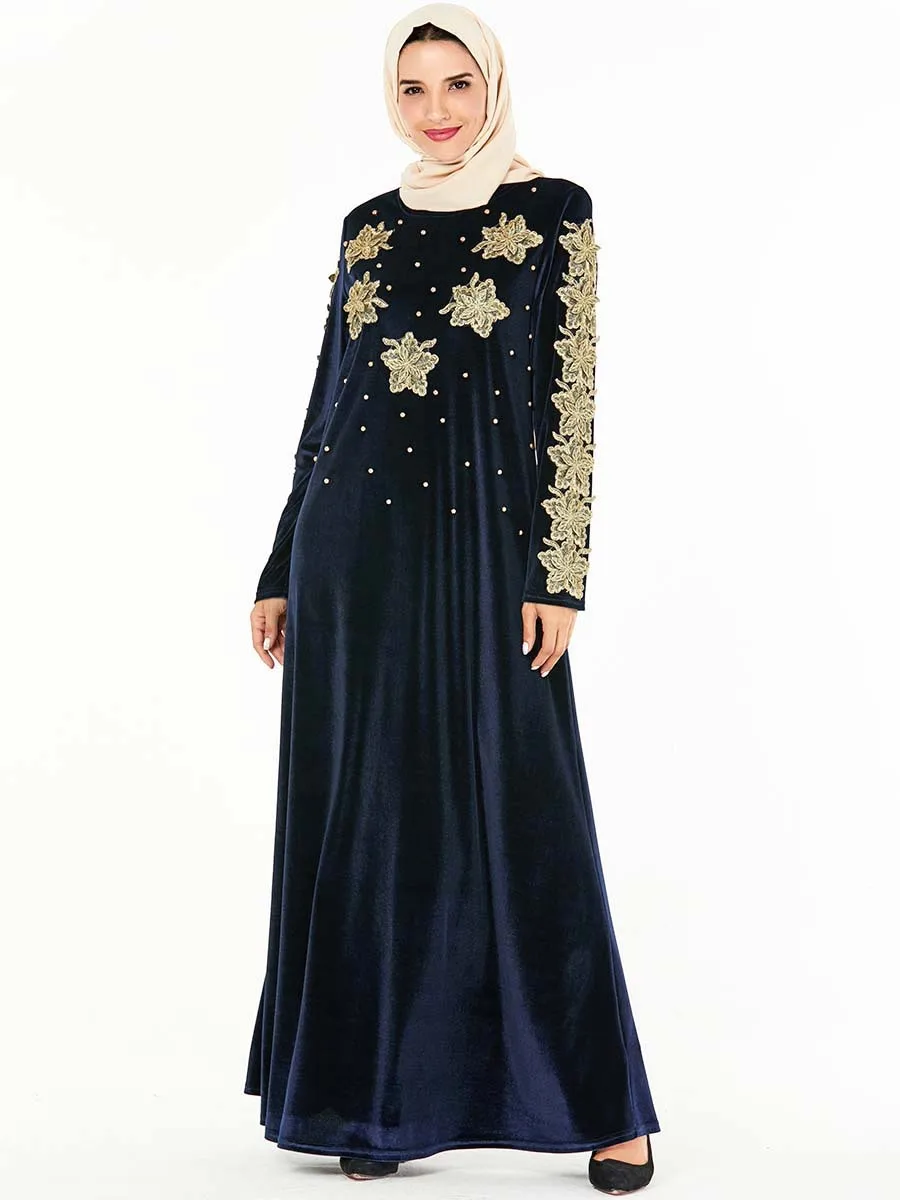 Осень Зима мусульманское женское бархатное платье с длинным рукавом абайя кафтан арабский халат макси платья мусульманская одежда винтажная размера плюс мода