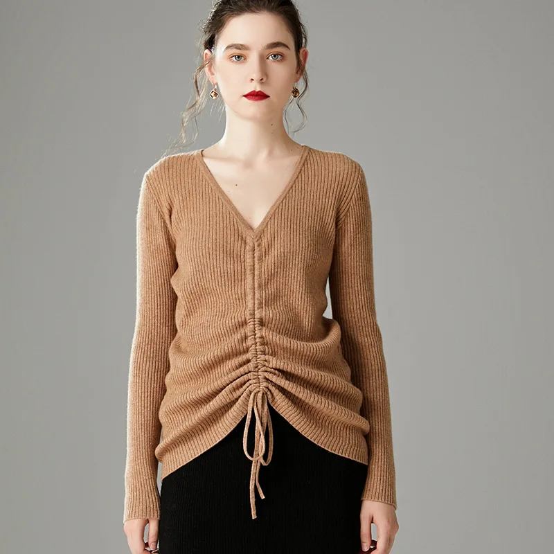 

Sparsil Women 100% Cashmere Sweater With Belt Lace Up Solid Color Knitted Pullovers Soft Warm Fashion Ladies Slim Style Jumper