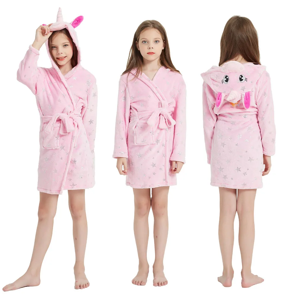 4 6 8 10 12 Y Baby Girls Robe for Kids Pajamas Girl Nightgown Unicorn Bath Robes Winter Warm Purple Rainbow Hooded Sleepwear Pjs child bathrobe kids robe