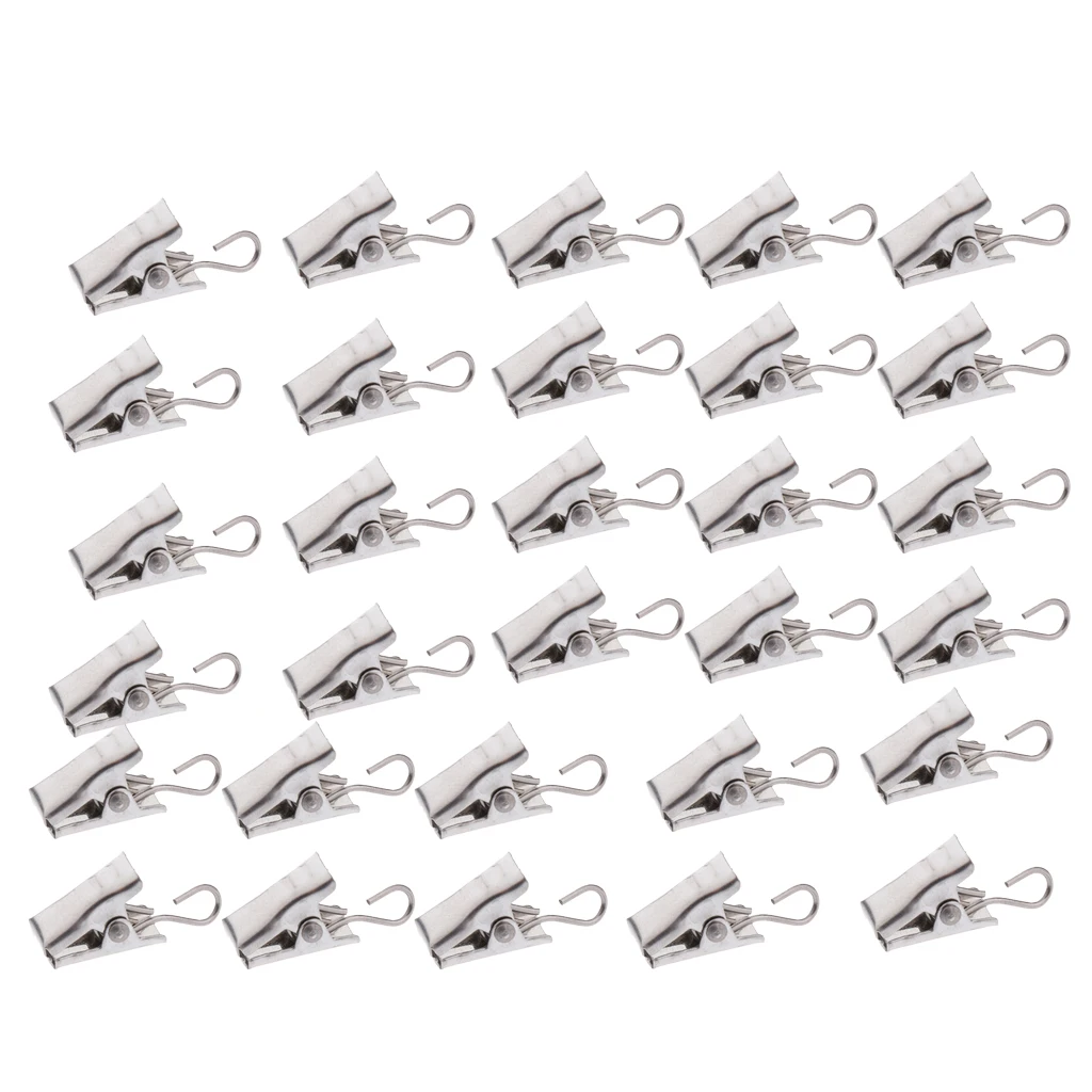 30 Pieces Muti Uses Hook, Clothesline Laundry Peg, Photo Clamps, Curtain Clips with Hook Hanger 30mm Silver